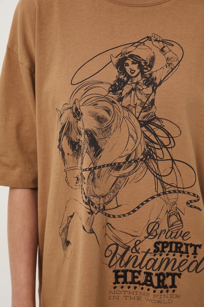 T-shirt bawełniany damski oversize z nadrukiem i haftem RW25-TSD400 beżowy