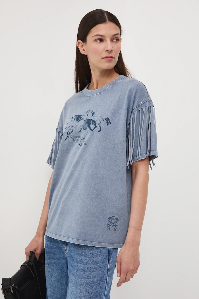 T-shirt bawełniany damski z efektem sprania niebieski RW25-TSD402