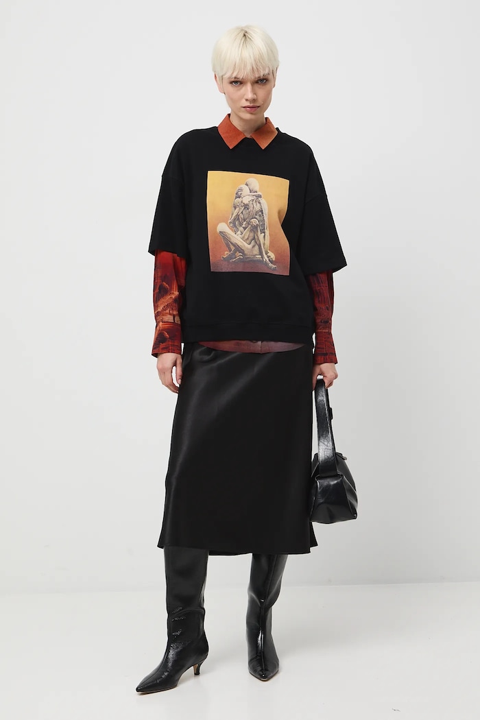 T-shirt bawełniany damski z kolekcji Zdzisław Beksiński x Medicine okrągły czarny RW25-TSDA54