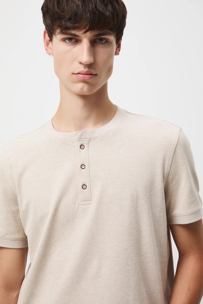 T-shirt bawełniany męski z elastanem z dzianiny strukturalnej melanż beżowy RW25-TSM056
