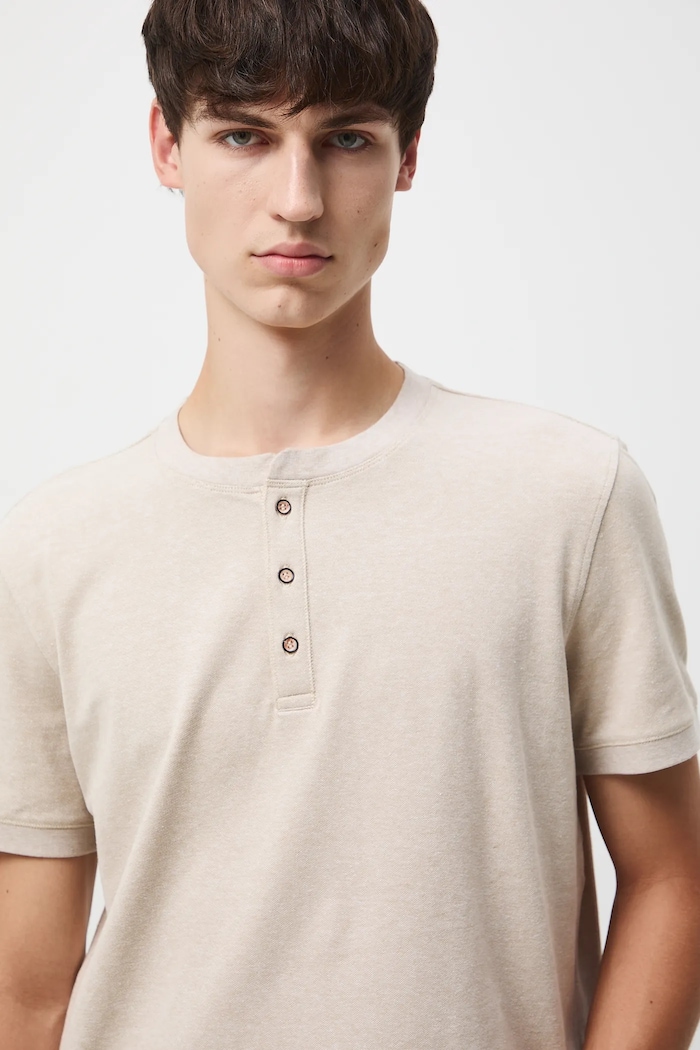 T-shirt bawełniany męski z elastanem z dzianiny strukturalnej melanż beżowy RW25-TSM056