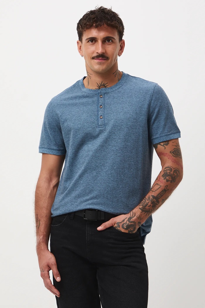 T-shirt bawełniany męski z elastanem z dzianiny strukturalnej melanż niebieski RW25-TSM056
