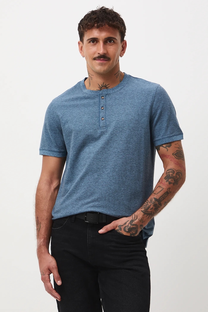 T-shirt bawełniany męski z elastanem z dzianiny strukturalnej melanż niebieski RW25-TSM056
