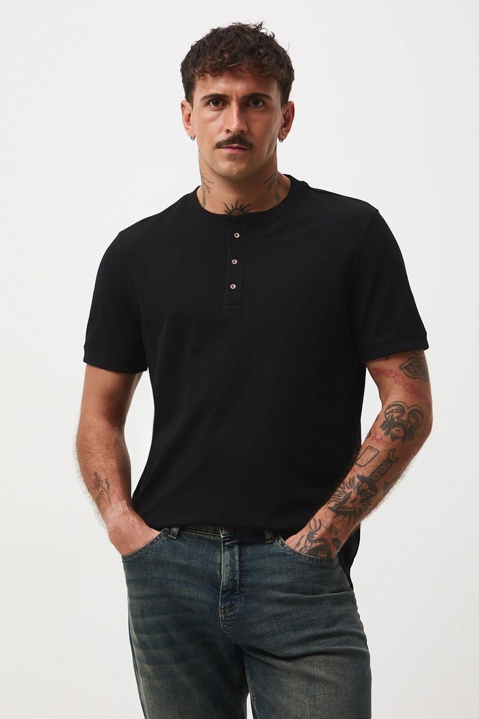 T-shirt bawełniany męski z elastanem z dzianiny strukturalnej gładkie czarny RW25-TSM056