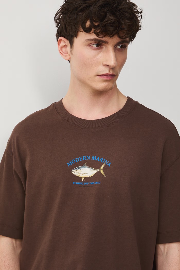 T-shirt bawełniany męski z nadrukami brązowy RW25-TSM101