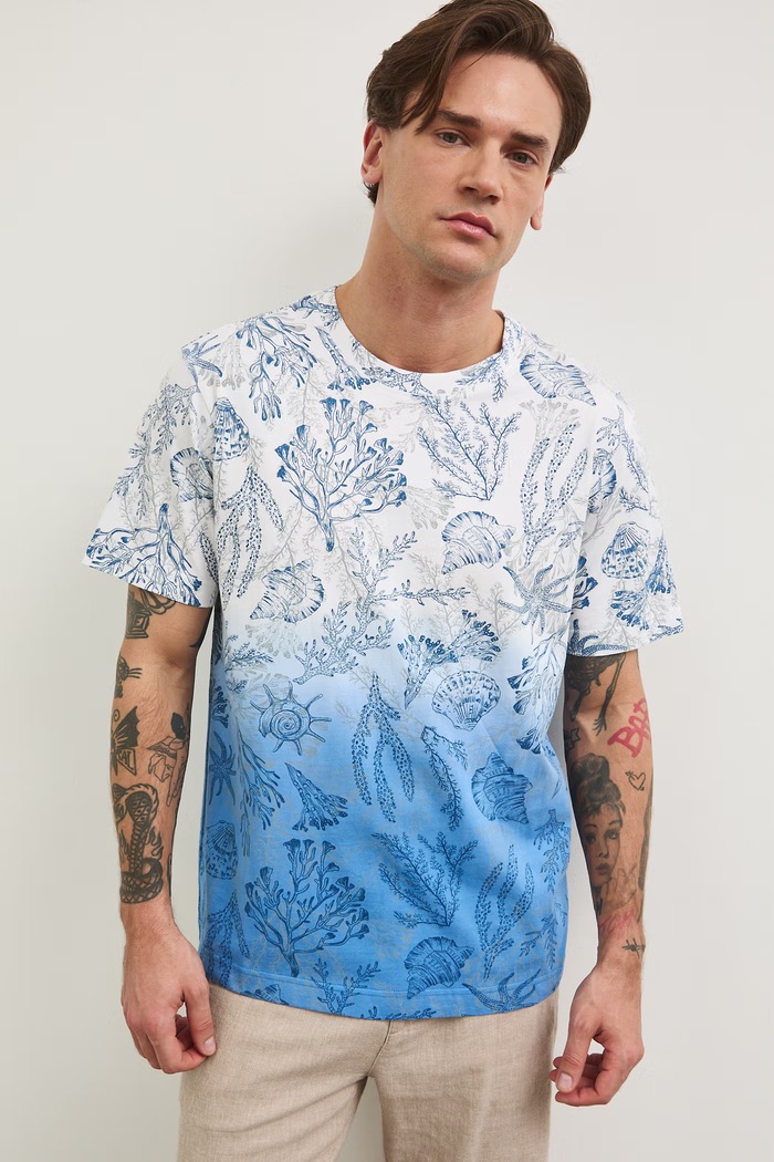 T-shirt bawełniany męski wzorzysty bawełna niebieski RW25-TSM102