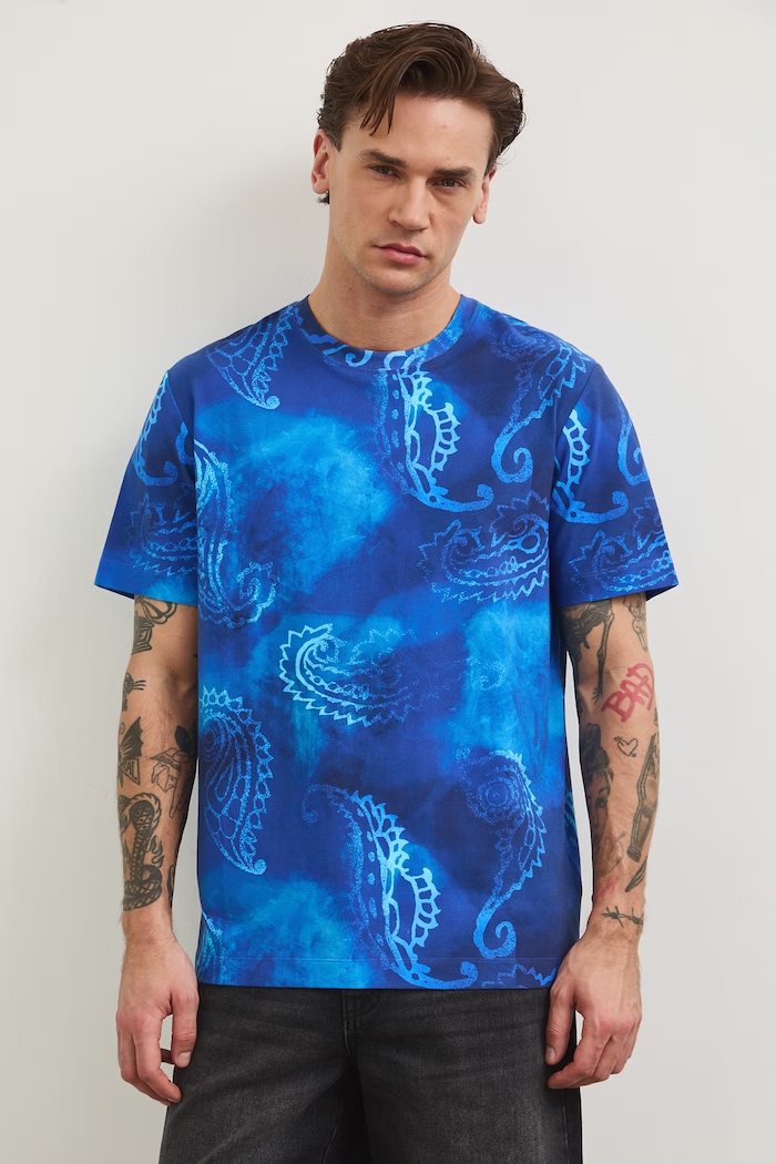 T-shirt bawełniany męski z elastanem wzorzysty wzorzyste niebieski RW25-TSM103
