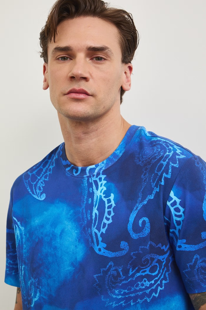T-shirt bawełniany męski z elastanem wzorzysty niebieski RW25-TSM103