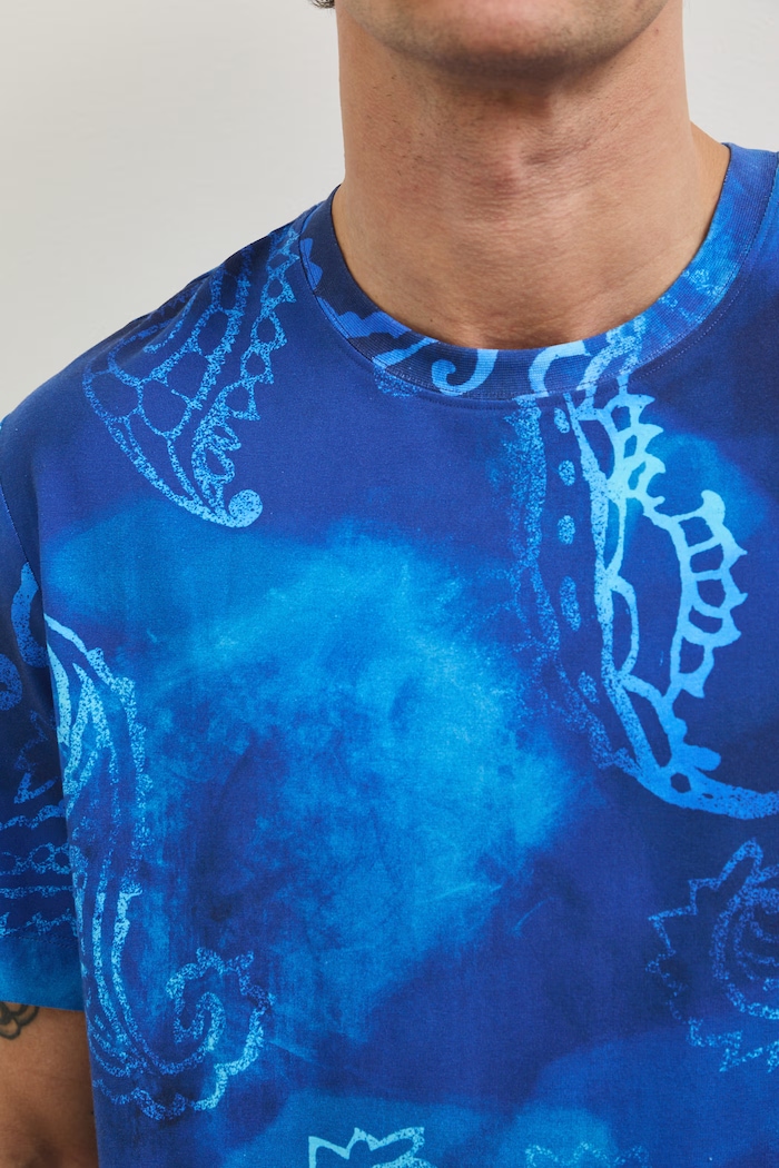 T-shirt bawełniany męski z elastanem wzorzysty RW25-TSM103 niebieski