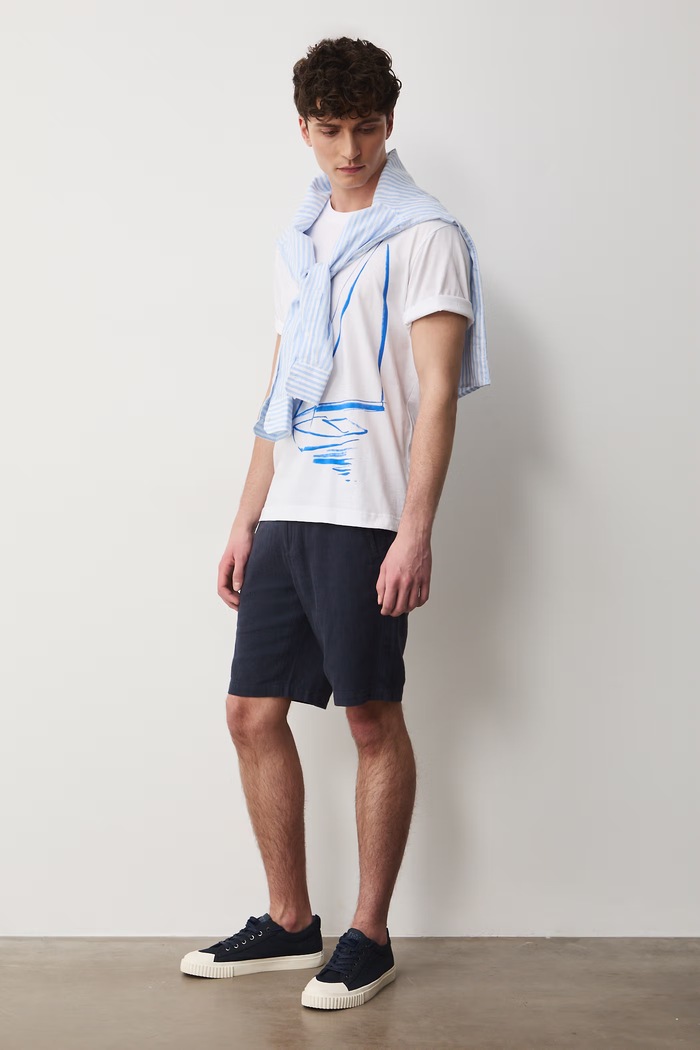 T-shirt bawełniany męski z nadrukiem i haftem okrągły biały RW25-TSM106