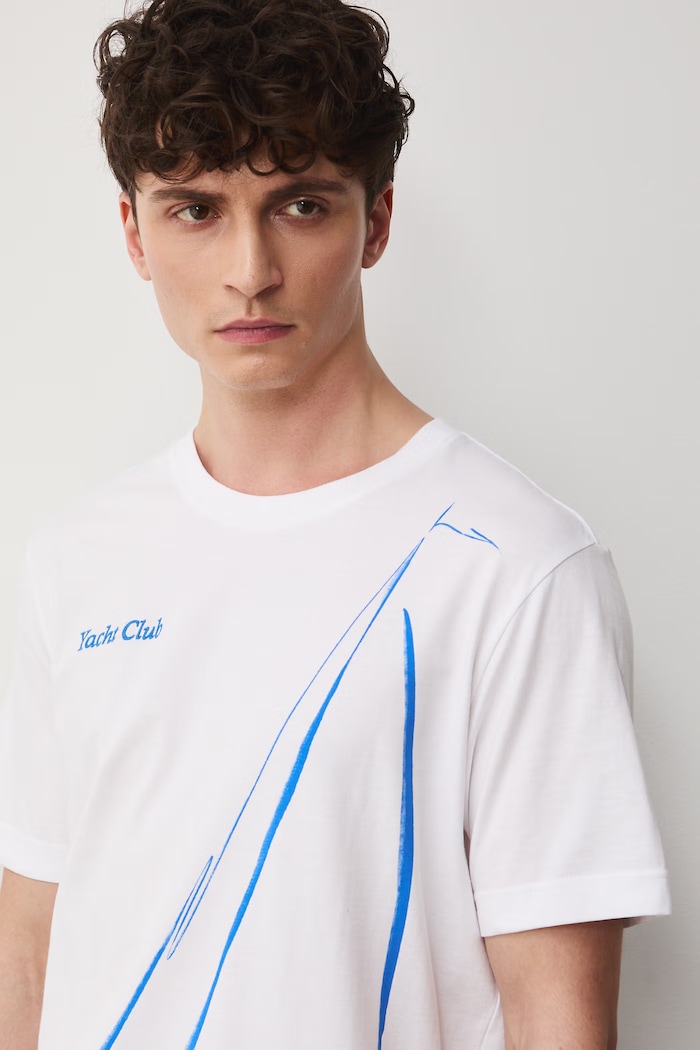 T-shirt bawełniany męski z nadrukiem i haftem biały RW25-TSM106
