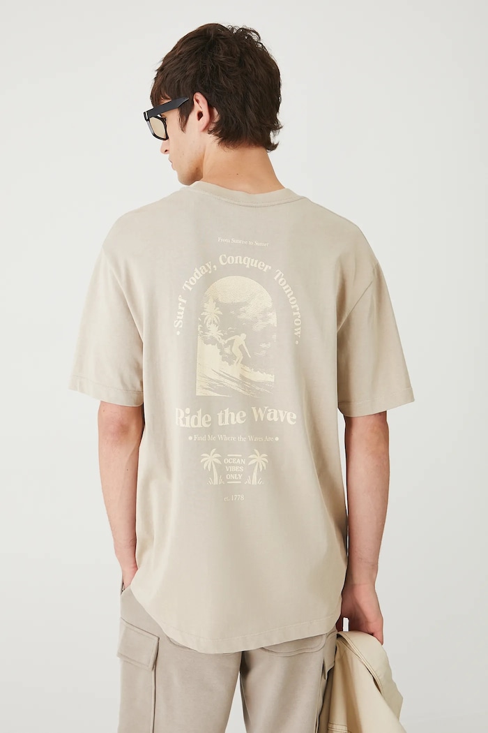 T-shirt bawełniany męski z nadrukiem okrągły beżowy RW25-TSM205