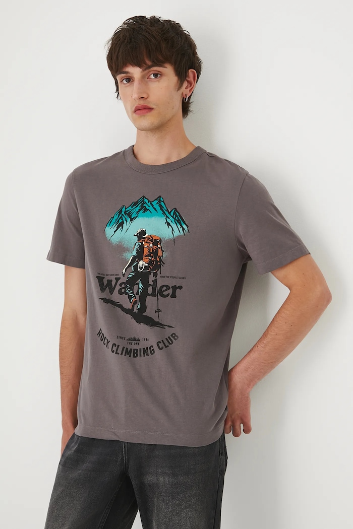 T-shirt bawełniany męski z nadrukiem okrągły brązowy RW25-TSM213