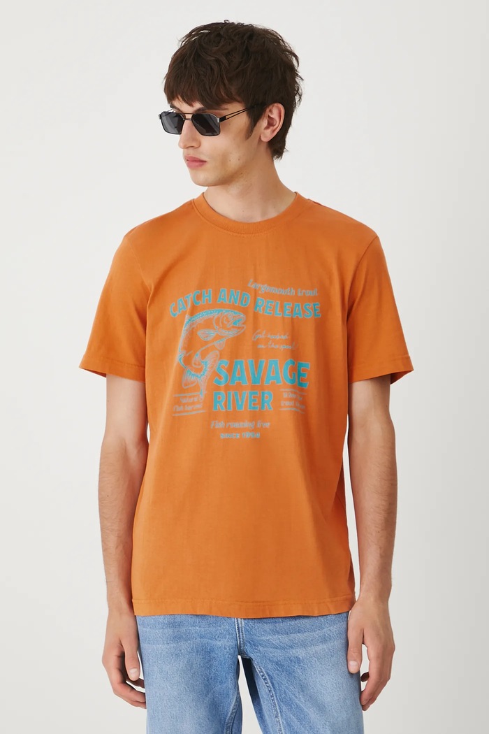 T-shirt bawełniany męski z nadrukiem okrągły pomarańczowy RW25-TSM214