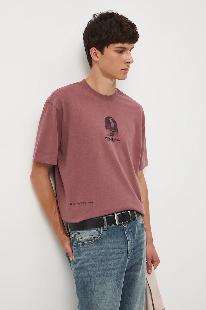 T-shirt bawełniany męski z nadrukiem okrągły różowy RW25-TSM304