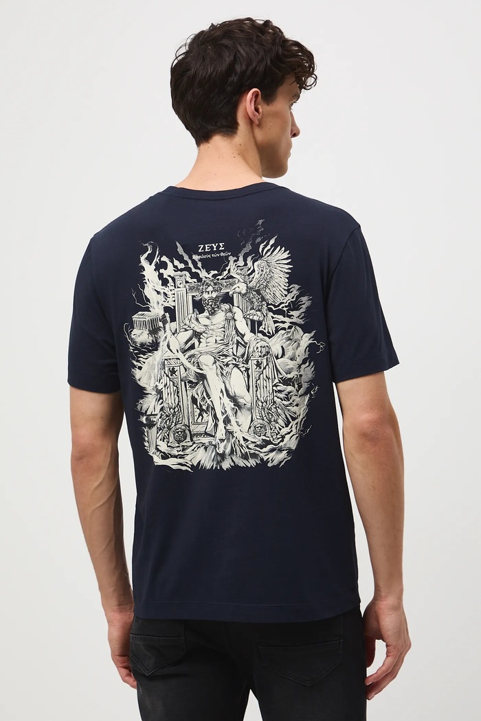 T-shirt bawełniany męski z elastanem z nadrukiem okrągły granatowy RW25-TSM310