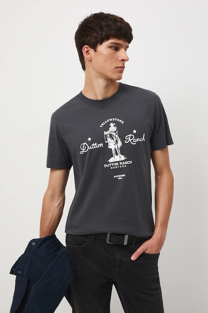 T-shirt bawełniany męski Yellowstone szary RW25-TSM470