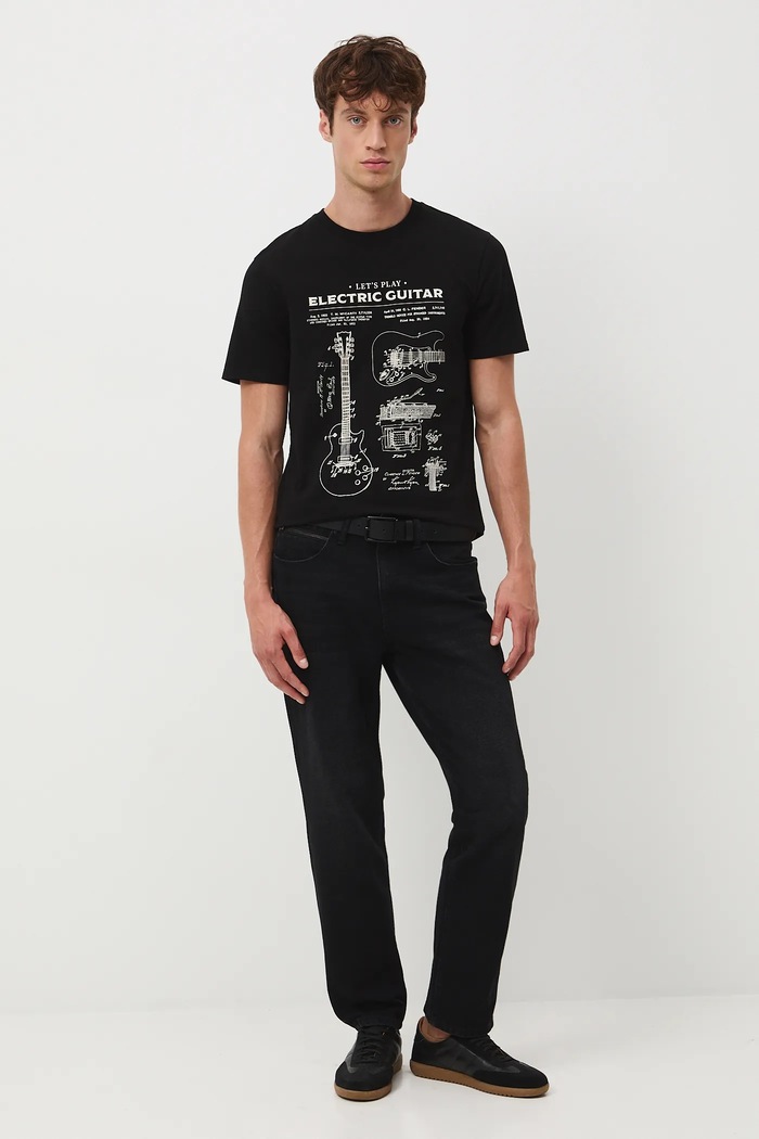 T-shirt bawełniany męski z elastanem z nadrukiem okrągły czarny RW25-TSM604