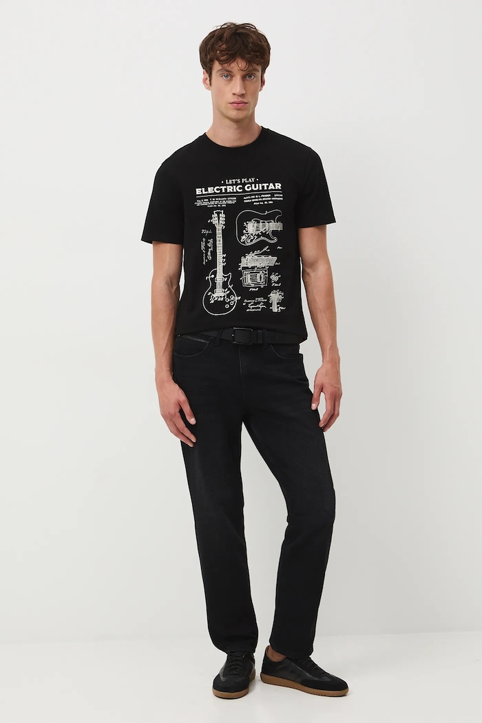 T-shirt bawełniany męski z elastanem z nadrukiem okrągły czarny RW25-TSM604