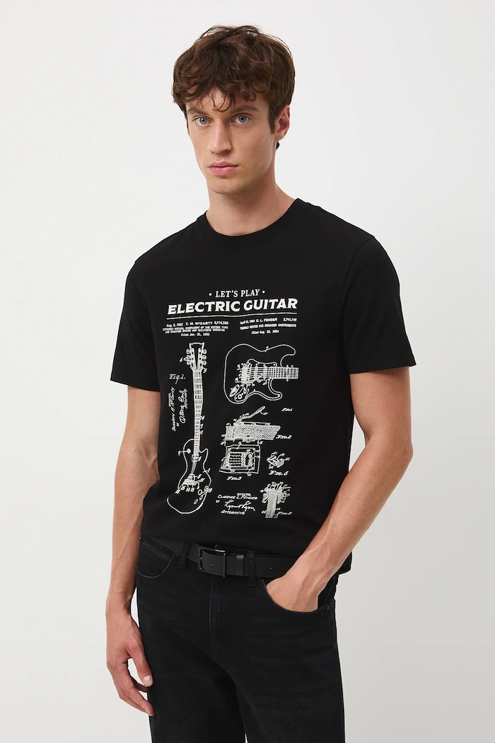 T-shirt bawełniany męski z elastanem z nadrukiem RW25-TSM604 czarny RW25
