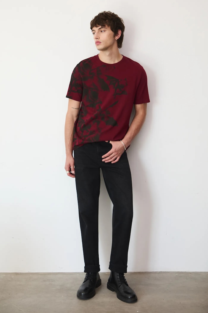 T-shirt bawełniany męski wzorzysty bawełna bordowy RW25-TSM712
