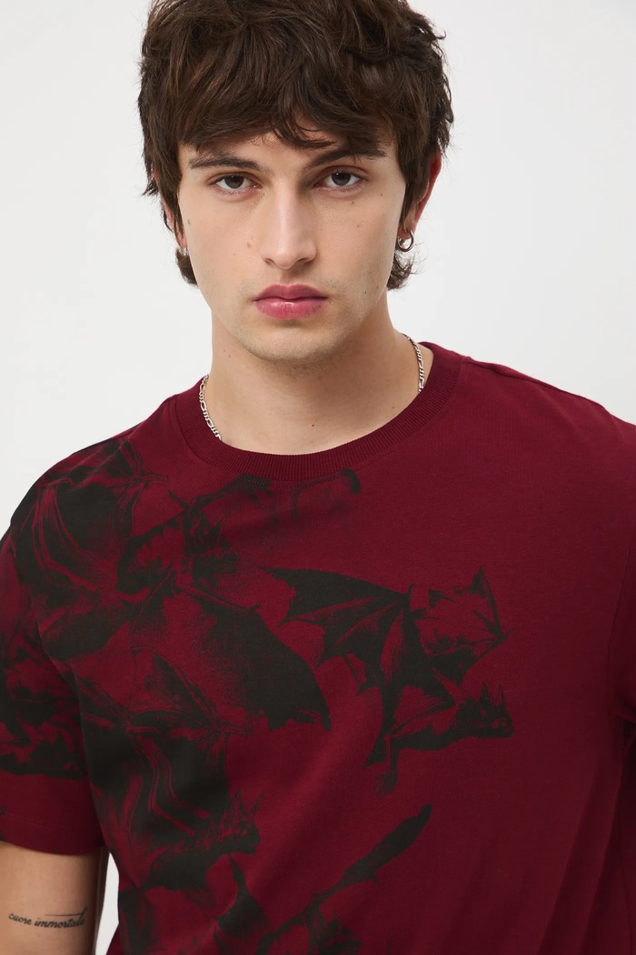 T-shirt bawełniany męski wzorzysty bordowy RW25-TSM712