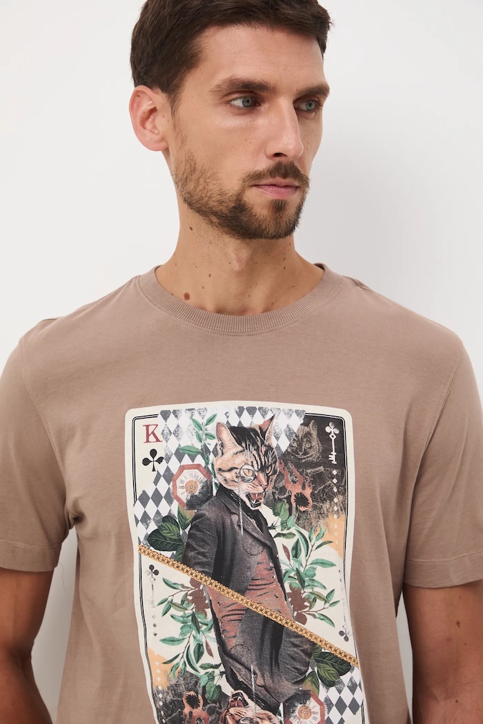 T-shirt bawełniany męski z nadrukami brązowy RW25-TSM905