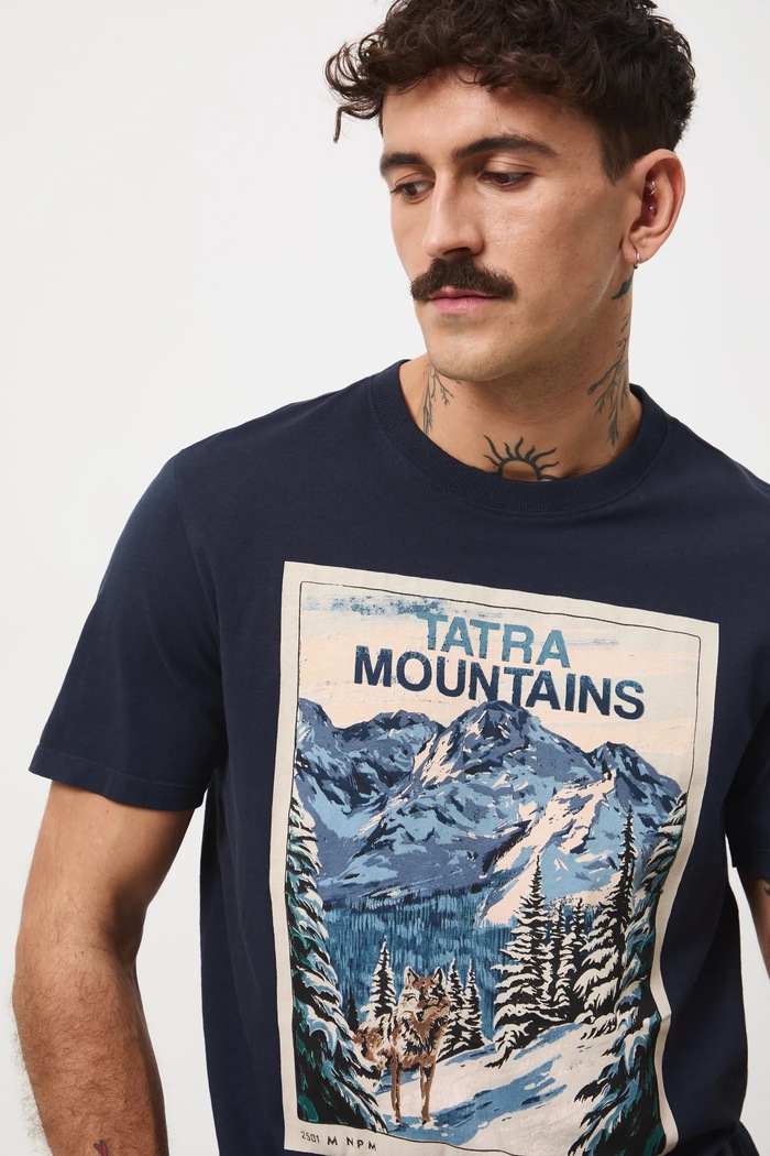 T-shirt bawełniany męski z nadrukiem okrągły granatowy RW25-TSMA33