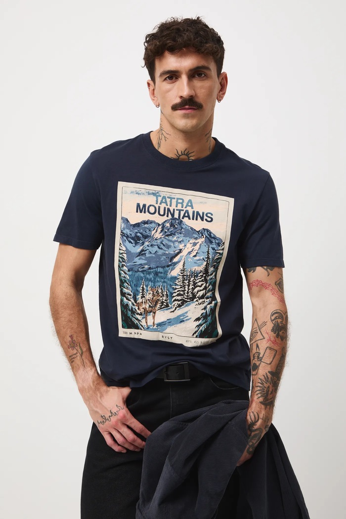 T-shirt bawełniany męski z nadrukiem granatowy RW25-TSMA33
