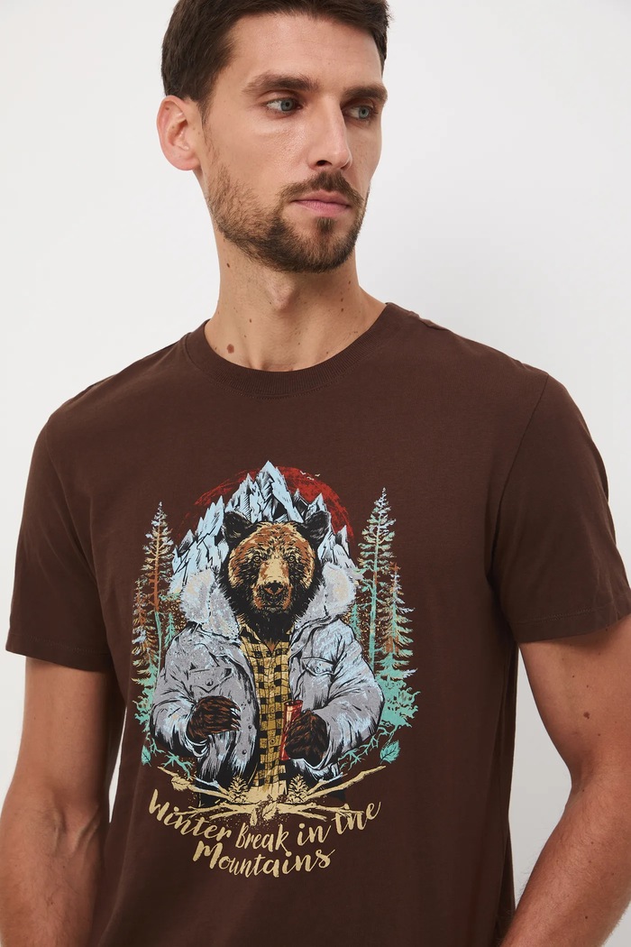 T-shirt bawełniany męski z nadrukiem brązowy RW25-TSMA34