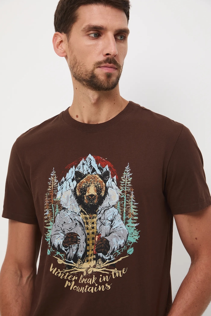 T-shirt bawełniany męski z nadrukiem brązowy RW25-TSMA34