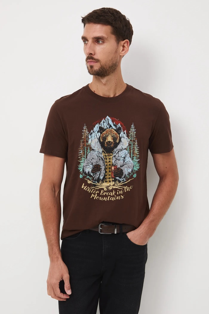T-shirt bawełniany męski z nadrukiem RW25-TSMA34 brązowy