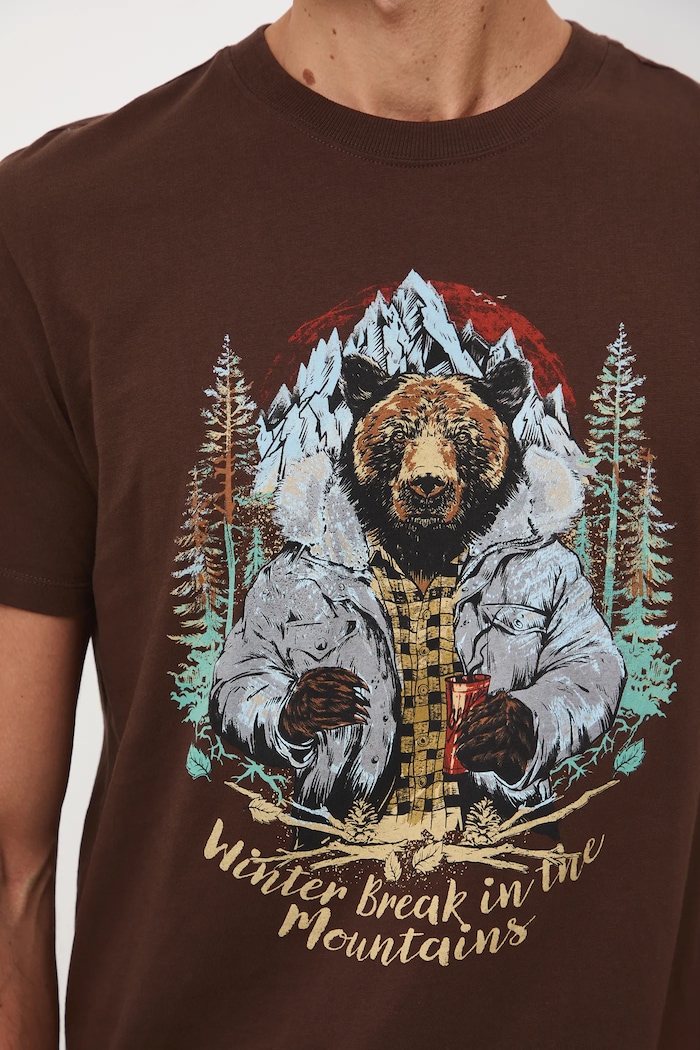 T-shirt bawełniany męski z nadrukiem brązowy RW25-TSMA34