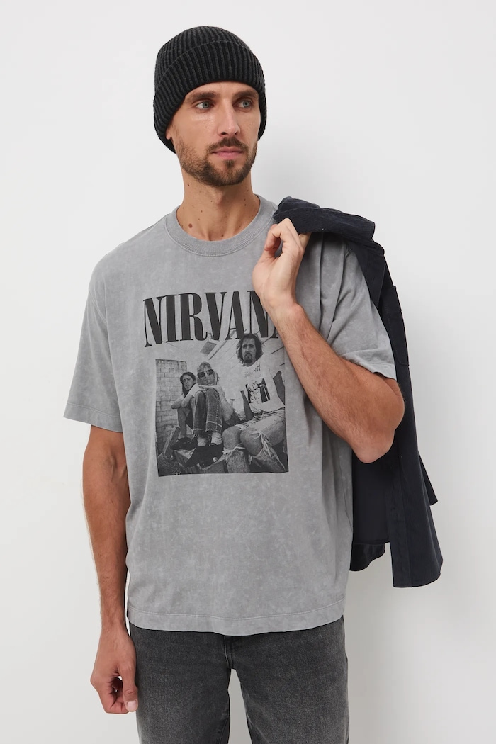 T-shirt bawełniany męski Nirvana okrągły szary RW25-TSMA75
