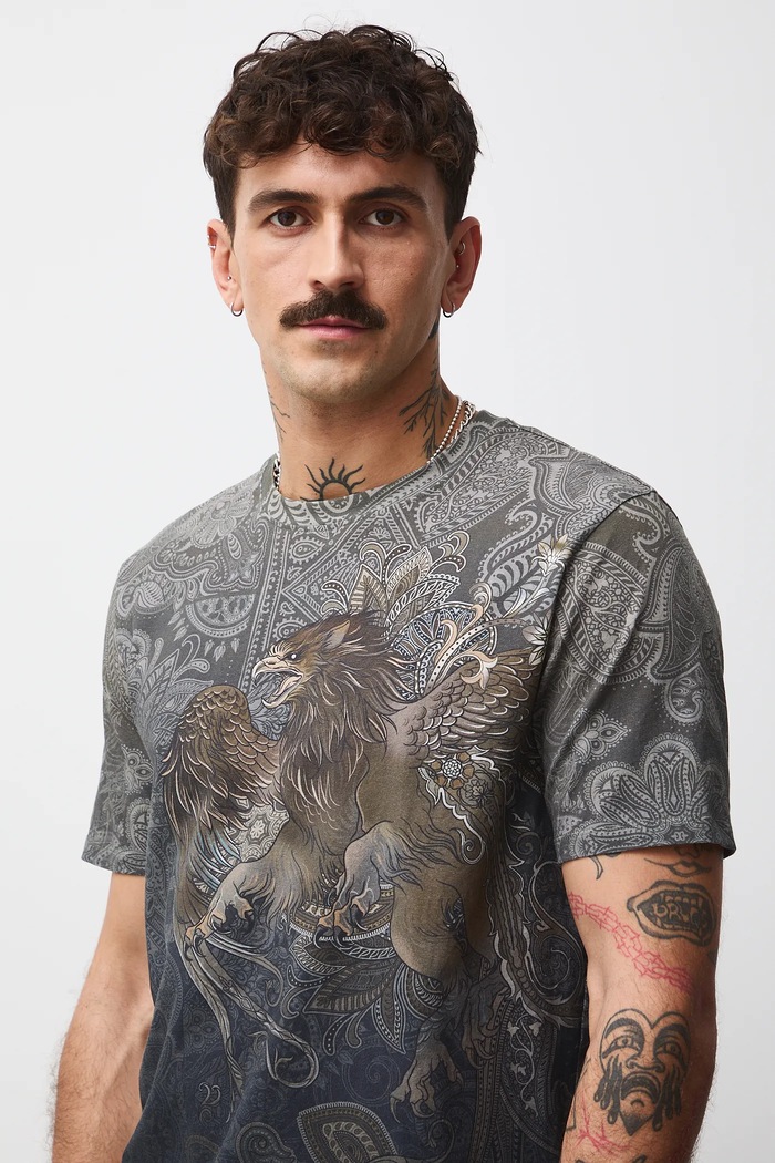 T-shirt bawełniany męski z elastanem wzorzysty wzorzyste brązowy RW25-TSMB14