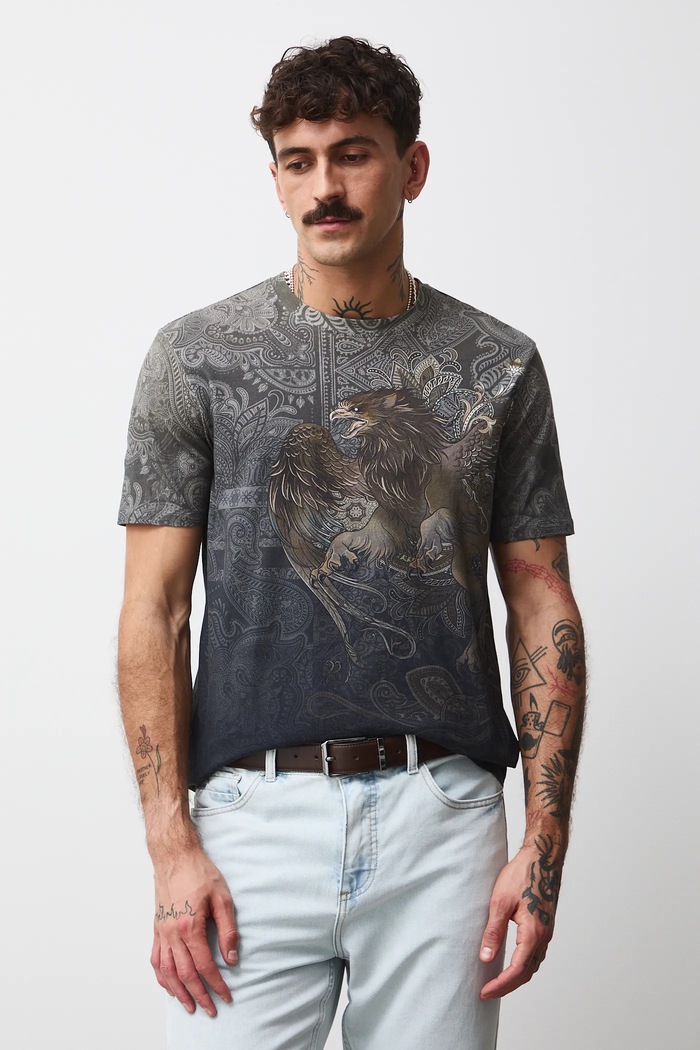 T-shirt bawełniany męski z elastanem wzorzysty brązowy RW25-TSMB14