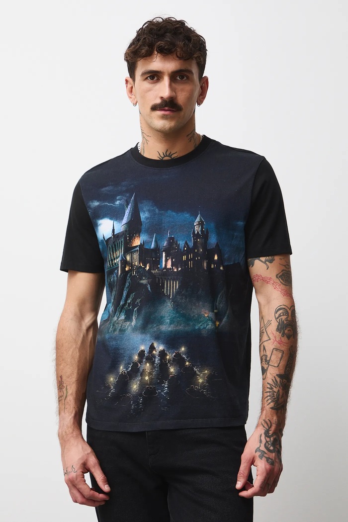 Bavlnené tričko pánske z kolekcie Harry Potter okrúhly čierna RW25-TSMB53