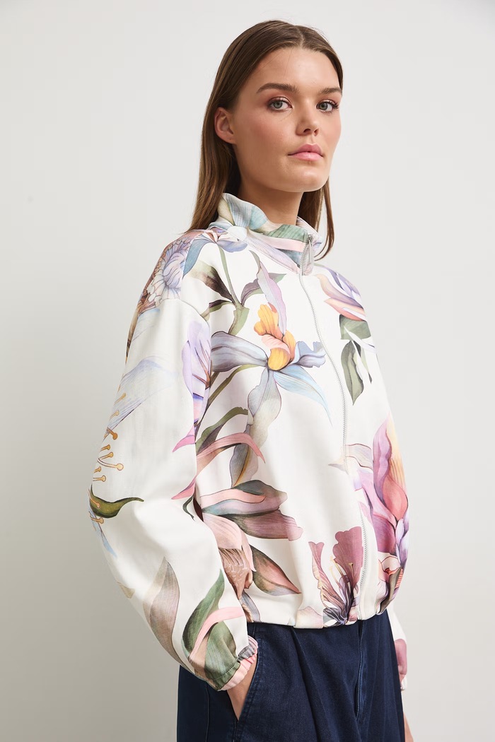 Bluza rozpinana damska bawełniana w kwiaty beżowy RW26-BLD201