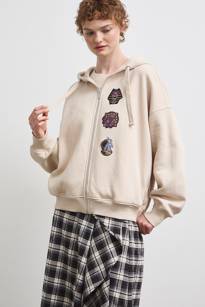 Bluza rozpinana z kapturem damska z bawełną z kolekcji Mythical Creatures beżowy RW26-BLD251