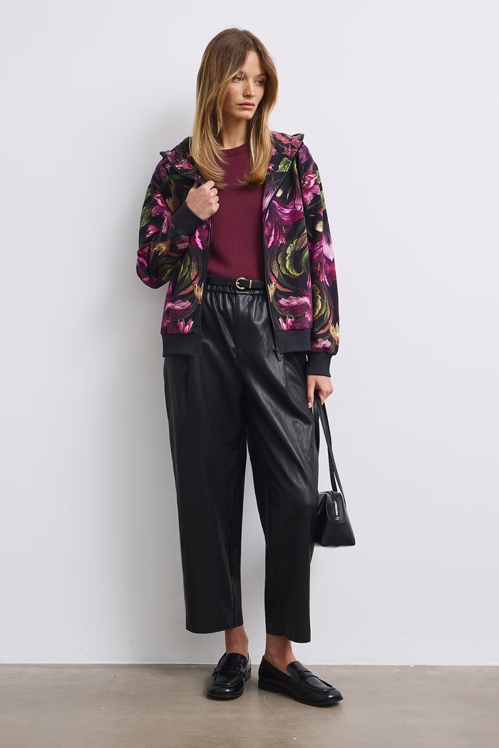 Bluza rozpinana z kapturem damska bawełniana z motywem roślinnym RW26-BLD502 czarny RW26