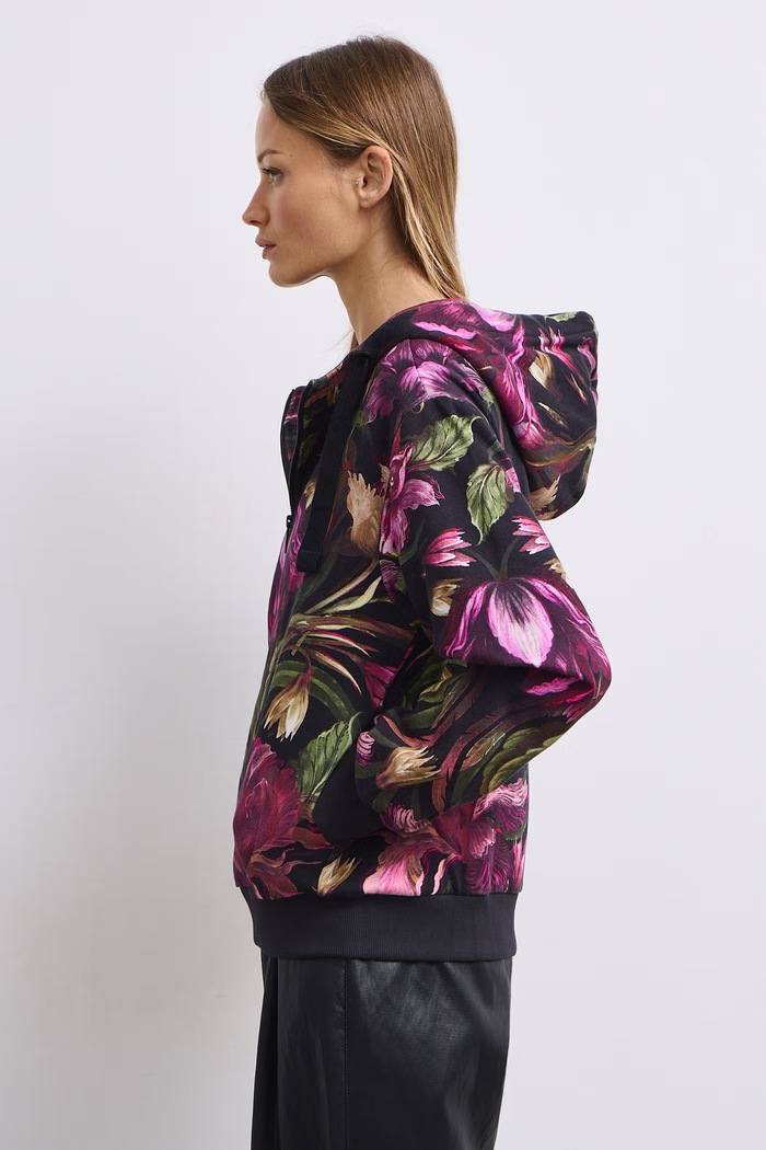 Bluza rozpinana z kapturem damska bawełniana z motywem roślinnym RW26-BLD502 czarny