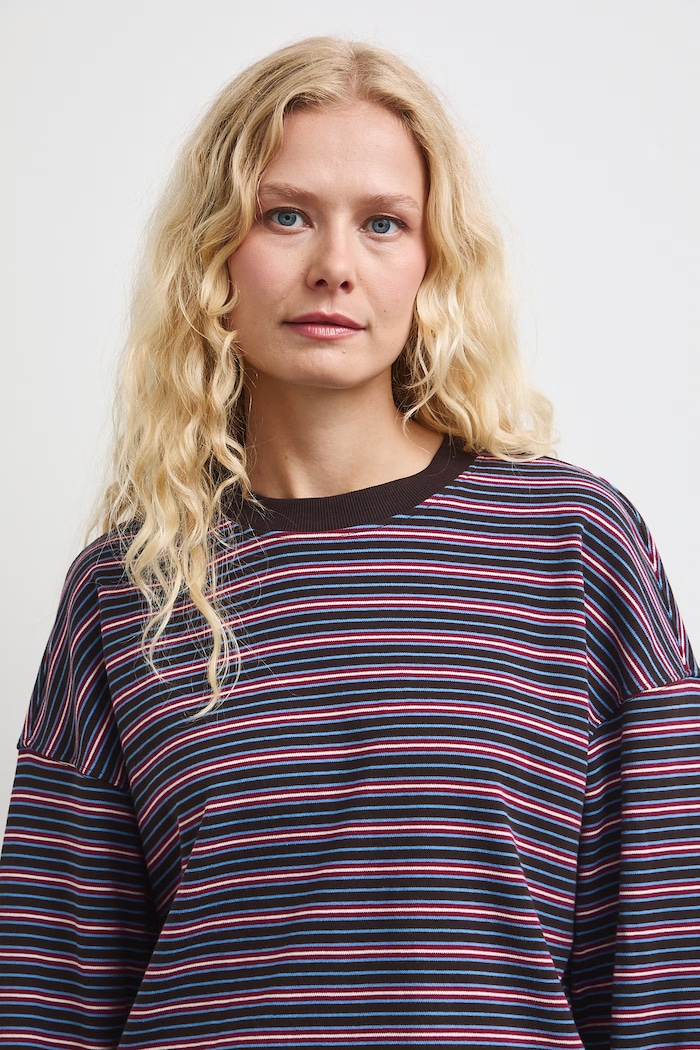 Longsleeve damski bawełniany w paski brązowy RW26-BUD013