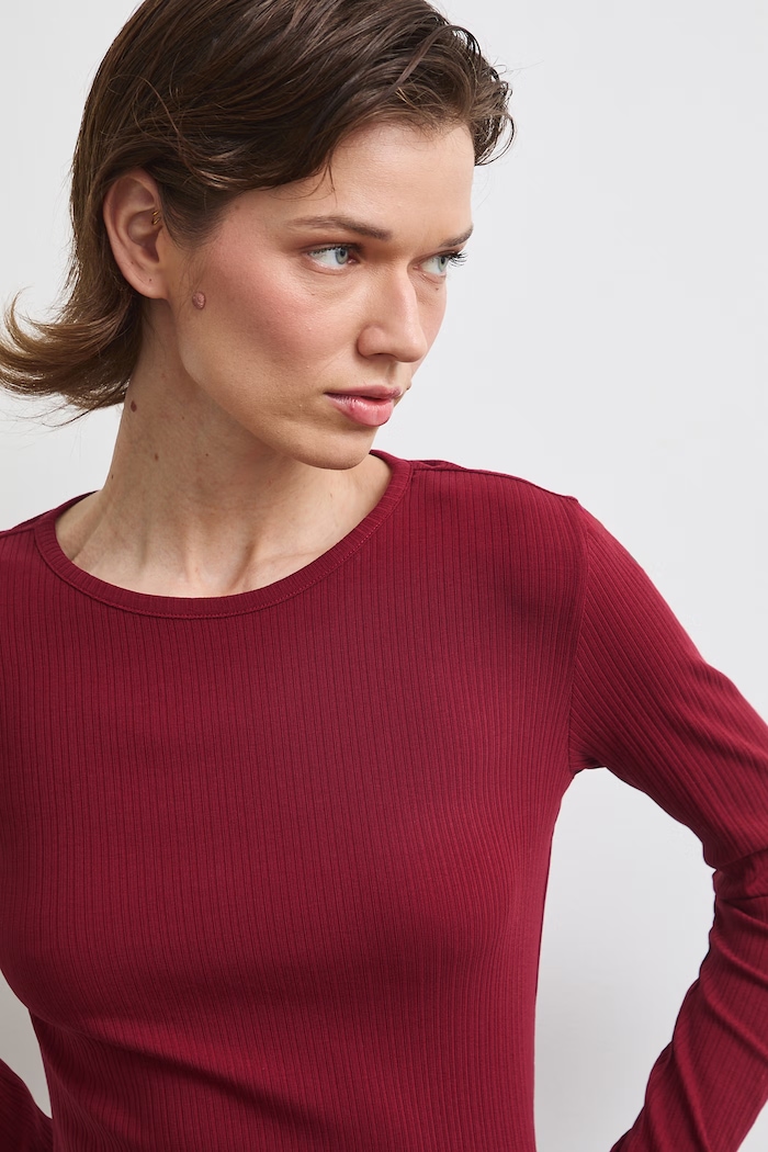 Longsleeve damski bawełniany z elastanem gładki bordowy RW26-BUD031