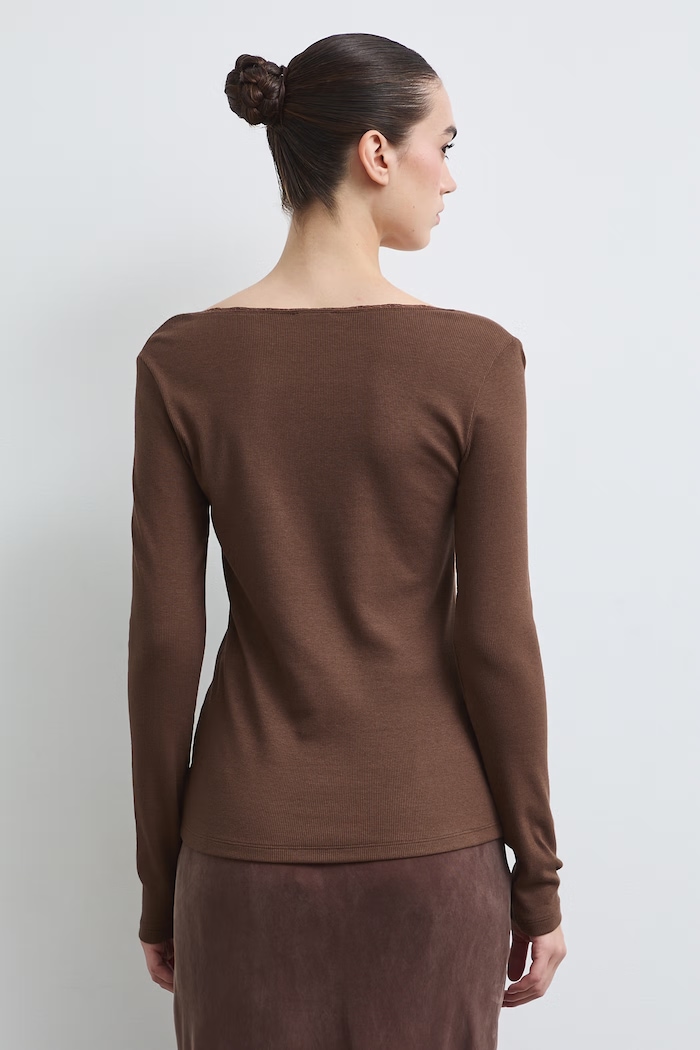 Longsleeve damski z koronkowymi wstawkami RW26-BUD032 brązowy RW26