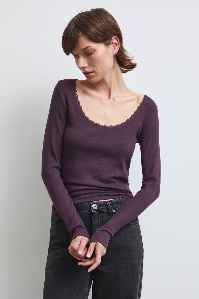 Longsleeve damski z koronkowymi wstawkami RW26-BUD032 fioletowy RW26