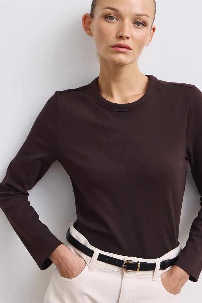 Longsleeve damski bawełniany z elastanem interlock brązowy RW26-BUD052
