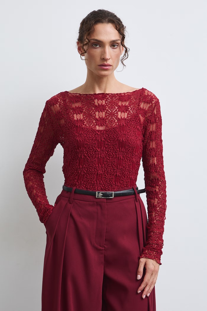 Longsleeve damski koronkowy RW26-BUD302 bordowy RW26
