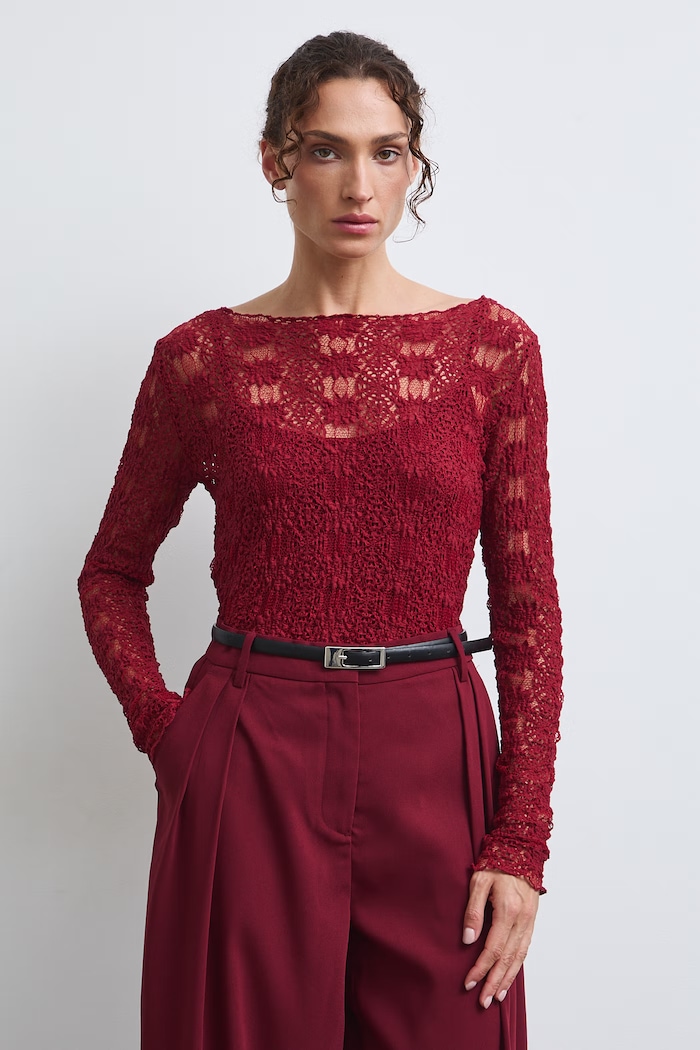 Longsleeve damski koronkowy RW26-BUD302 bordowy RW26