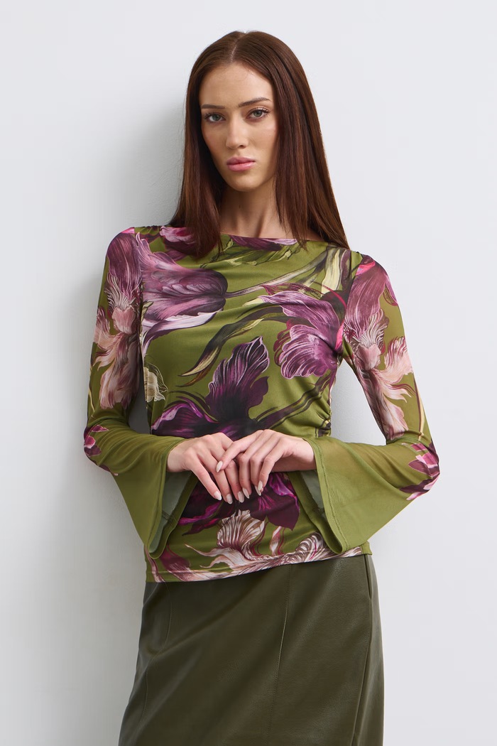 Longsleeve damski w kwiaty RW26-BUD502 zielony RW26