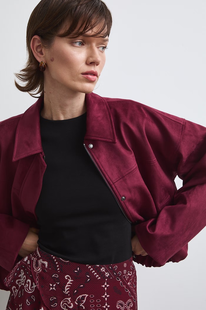 Oblečenie Bunda bomber dámska z imitácie semišu RW26-KUD300 burgundské